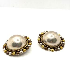 Vintage 90s Stamped Mexico 925 Sterling Silver Mixed Metal Dome Clip On Earrings